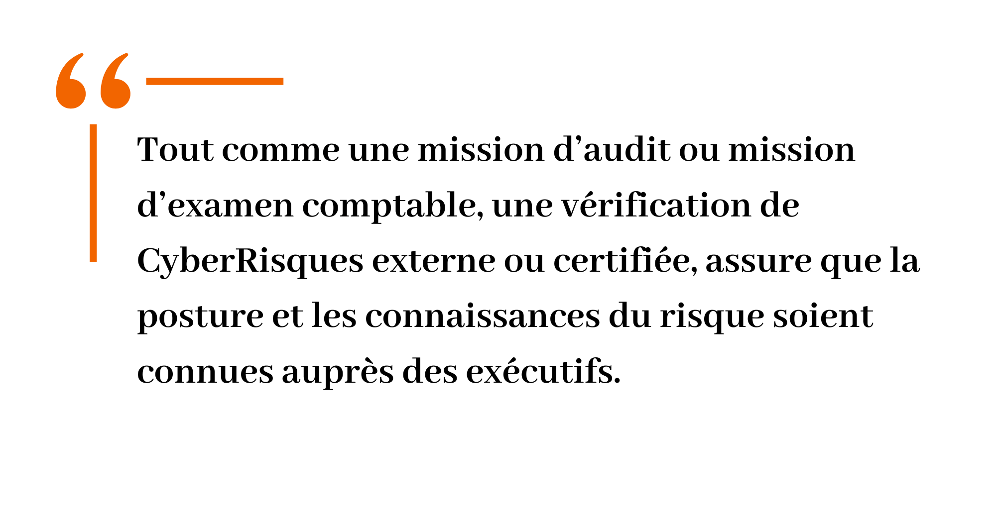 Tout comme une mission d’audit ou mission d’examen comptable, une vérification de CyberRisques externe ou certifiée, assure que la posture et les connaissances du risque soient connues auprès des exécutifs. 